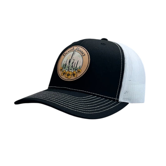 Desert Honey Black Leather Printed Patch Trucker Hat