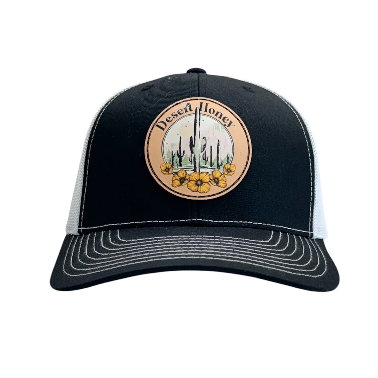 Desert Honey Black Leather Printed Patch Trucker Hat